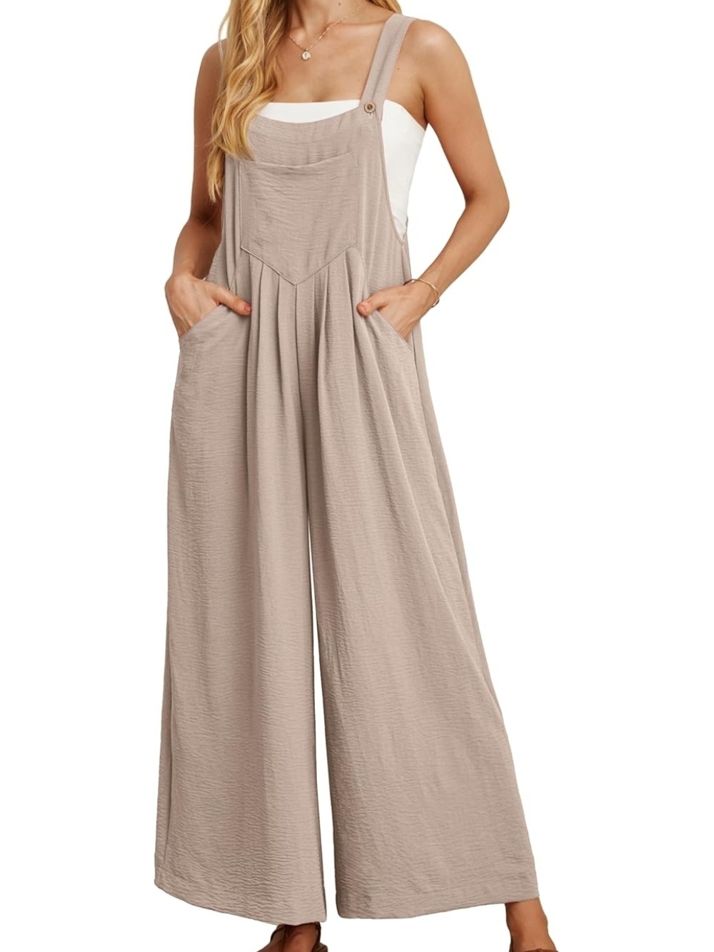 Wide-Leg Khaki Overalls Jumpsuit - Casual Women's